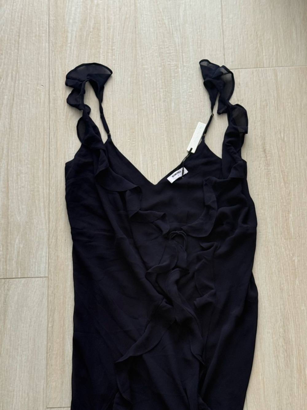 Rumored Navy Ruffled Slip Dress